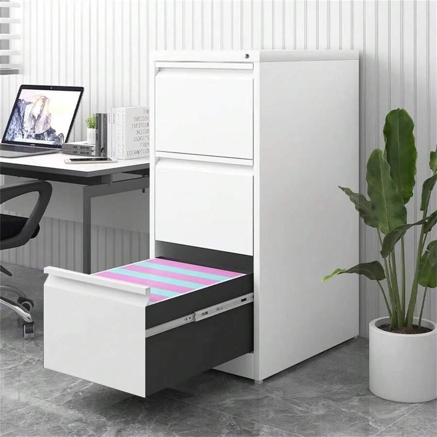 Archivador de 3 cajones con Cerradura, archivadores Verticales Resistentes para Oficina en casa, gabinete de Almacenamiento de Acero de Metal para Archivo de tamaño Legal, Requiere Montaje - Blanco - Ver 1