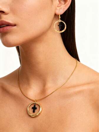 2pcs/Set New Creative Minimalist Elegant Personalized Cross & Geometric Circle Jewelry Set