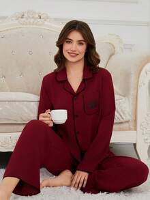 2 piezas Conjunto de pijama de mujer con cardigan y pantalones con cuello con volantes, cómodo y de moda, para primavera/otoño - Rojo - Ver 1