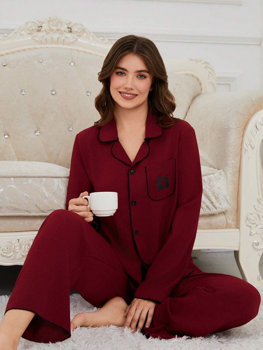 2 piezas Conjunto de pijama de mujer con cardigan y pantalones con cuello con volantes, cómodo y de moda, para primavera/otoño - Rojo - Ver 1