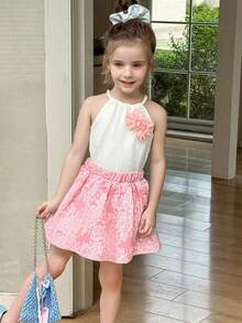 Vihyde 2pcs/Set Girls Summer Halter Ruffle Top & Floral Soft Pink & White Princess Dress - Baby Pink - View 1