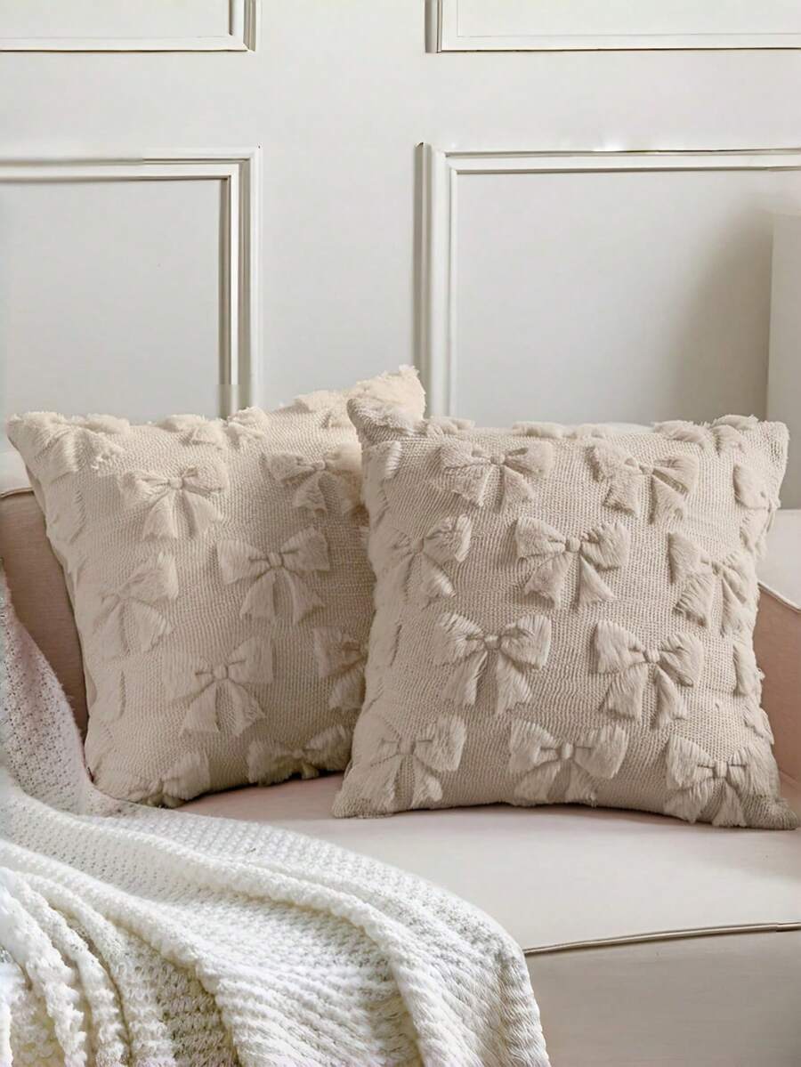 1件套蝴蝶结装饰枕套，可爱俏皮，房间装饰，仿毛皮，柔软蝴蝶结，学院风，蓬松毛绒，优雅靠垫套，适用于床、沙发、躺椅，秋冬季节，情人节装饰 - 咖色 - 查看 1