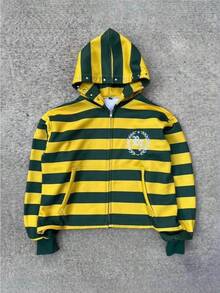 Retro Striped Letter Print Unisex Zip-Up Hooded Sweatshirt, Oversize Casual Hoodie, Vintage Sudaderas Para Hombre - 黃色 - 查看 2