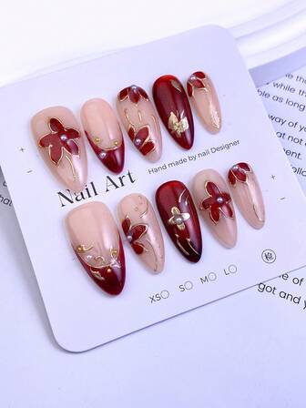 10pcs Middle Oval Press On Nails With Nude Pink & Burgundy Toned Elegant Retro Bases, Flower Decor Outlined By Golden Lines, Pearl Accents & Gold Leaf/Small Rhinestone Detail Elements Design Shiny 100% Handmade Press On Acrylic Nails Reusable Nail Supplies For Women's Daily Or Party Wear