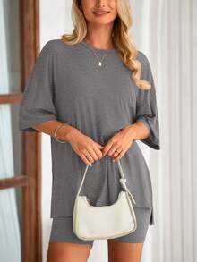 PRETTYGARDEN Women's Summer Clothes 2 Piece Sets Lounge Set Casual Oversized Shirts Biker Shorts Matching Airport Travel Sweatsuit Set Women Vacation Outfit Dark Gray Summer Brunch Outfits For Women - 深灰色 - 查看 5