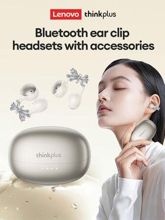 Lenovo 联想LK6蓝牙耳机，时尚优雅的蓝牙耳机，配有蝴蝶结耳挂配件，夹式设计，带来空间环绕声、深沉低音、低延迟的游戏和音乐体验，支持ENC主动降噪，电池续航时间长，无线设计，时尚耳环，女士礼物之选