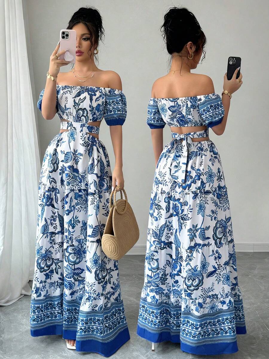Women's Dresses, Printed Maxi Dress With Off-The-Shoulder And Waist Detail, Retro Resort-Style Dress With A Fitted Waist, Boho-Style Maxi Dress That Slims The Silhouette. - 查看 1