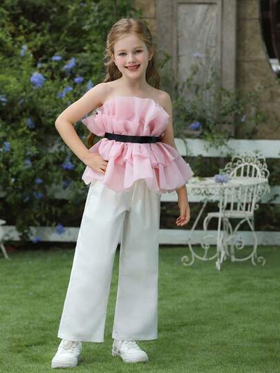 Young Girl Suspender Ruffle Mesh Party Dress Set, Suitable For Girls Birthday Party, Dance, Wedding Flower Girl, Bridesmaid, Important Occasions And Festivals