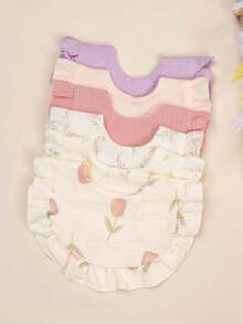 6条/包 柔软透气棉纱婴儿围兜，纯色/花卉荷叶边防水，适合婴儿日常穿着 - 彩色 - 查看 2