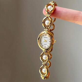1 件小型复古奢华女士手链表珍珠时尚优雅防水不锈钢石英表适合日常装饰生日礼物