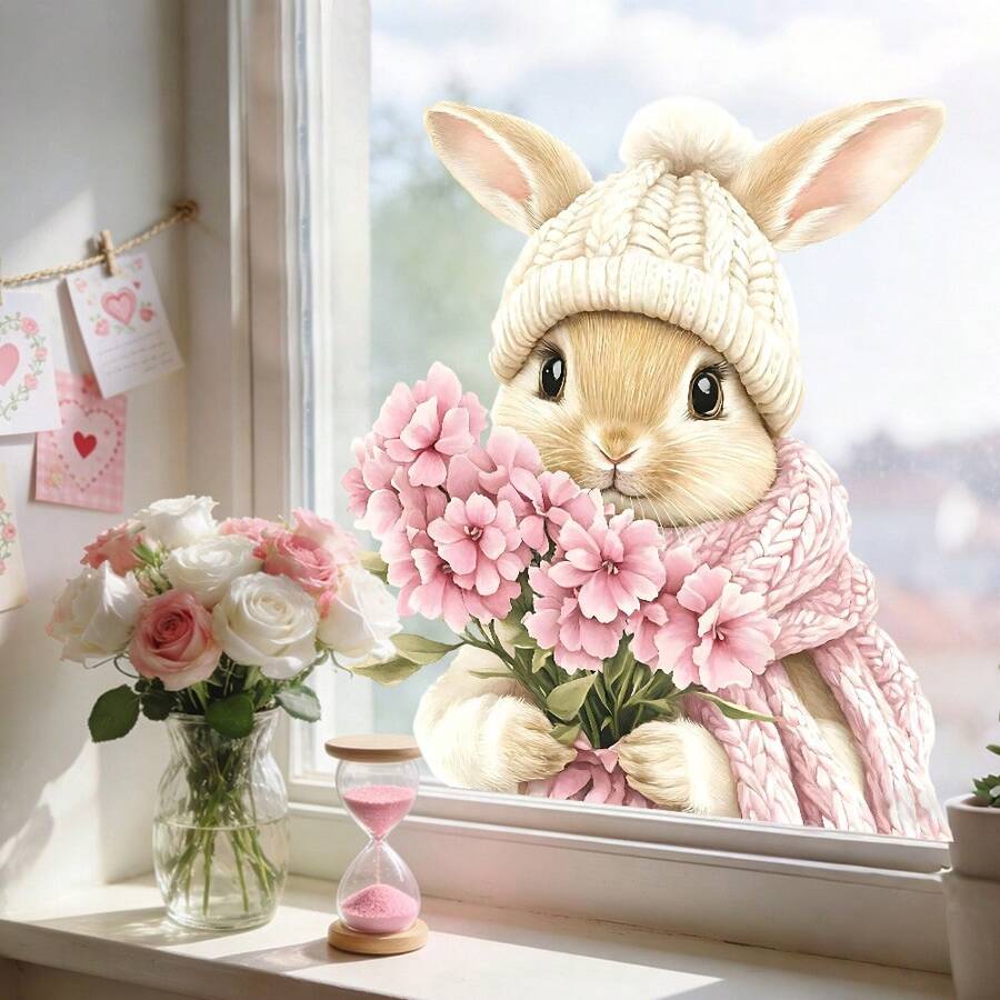 1/2 Piece Spring Rabbit Window Sticker, Romantic Valentine's Day And Easter Decal, Static Cling Vinyl Material, Double-Sided, Suitable For Living Room And Kitchen