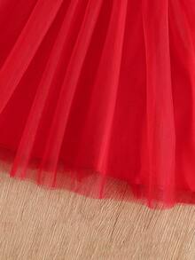 1-3岁女童春夏新款红白荷叶边领蝴蝶结网纱连衣裙，无袖甜美公主裙 - 紅色 - 查看 7