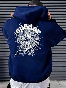Men's Sp5der Spider Web Graphic Hoodie - Streetwear Gothic Design PulloverSporty Style, Loose Fit, With Pocket Details, Knitted Fabric, Slightly Stretchy, 280 G/M² - Personalized Large Back Design, Suitable For Halloween Or Christmas Gifts - 白色 - 查看 2