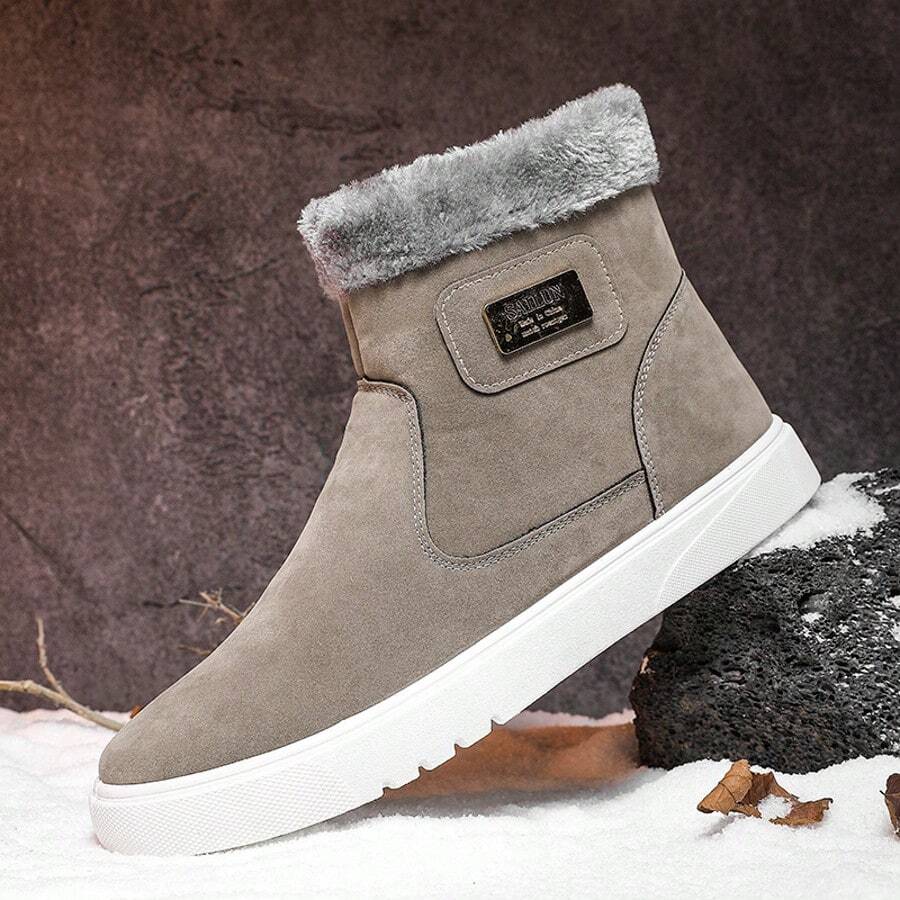 1双男士黑色高帮雪地靴，加厚保暖内衬，冬季靴 - 灰色 - 查看 1