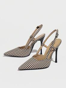 Women's Pointed Toe Stiletto Stilettos Fashionable Houndstooth Backless Buckle High Heel Pumps - White/Brown - View 5
