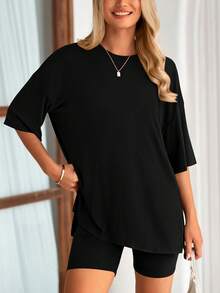 PRETTYGARDEN Women's Summer Clothes 2 Piece Sets Lounge Set Casual Oversized Shirts Biker Shorts Matching Airport Travel Sweatsuit Set Women Vacation Outfit Black Summer Brunch Outfits For Women - 黑色 - 查看 1