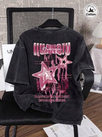 Men's Street Style Graphic T-Shirt, Slightly Stretchy Slim Fit Washed Black Round Neck Short Sleeve Tee, Casual Daily T-Shirt