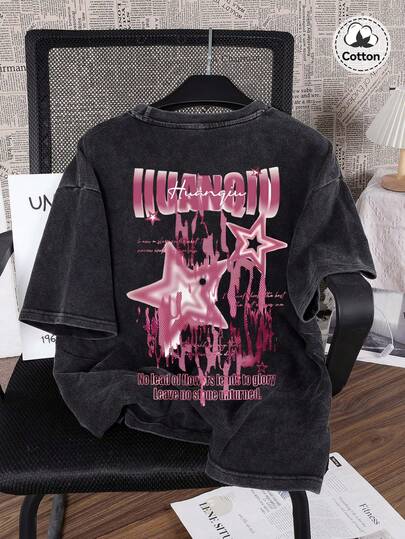 Hemo 男士街头风图案T恤，微弹修身水洗黑色圆领短袖T恤，休闲日常T恤