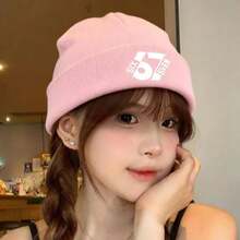 Patterned Knit Hat With "67" Brim Print, Comfortable & Versatile Unisex Winter Beanie Wool Blend Warm Winter Hat, Suitable For Autumn/Winter Elastic Brim Hat, Ideal For Parents To Keep Warm During Autumn/Winter Holidays Multifunctional Outdoor Hiking Hat With Head Cover And Fishing Hat Features For Dad Sporty Casual Golf Cap