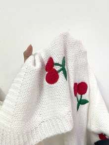 Cárdigan tipo duster de hombros caídos con estampado de cerezas, blusa de manga larga - Blanco - Ver 8