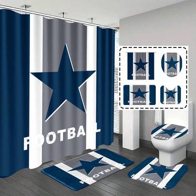 [Popular Choice] 1pc/4pcs Bathroom Curtain Shower Set, Shower Curtain Set, Bathroom Decor, Bathroom Rug, Home Decor, Bath Mat, Bathroom Mat, Striped, Geometric And Texas Star Pattern, Gift, Minimalist Theme Decor, Bathroom Set, Includes 12 Hooks