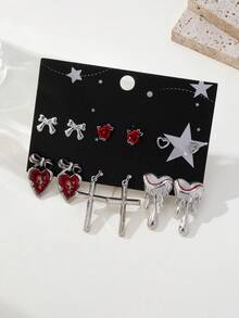 6 对哥特式骷髅、樱桃、五星玫瑰、蝙蝠翼、棺材、蜘蛛、扫帚万圣节耳环套装 - 彩色 - 查看 10