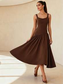 优雅复古不对称吊带连衣裙，适合节日、生日派对、日常穿着和春季穿着，棕色连衣裙，开斋节连衣裙 - 咖啡 - 查看 3