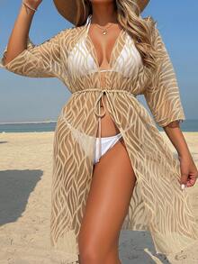 女士纯色提花露肩长袖沙滩罩衫，带抽绳腰带，适合夏季度假穿着 - 咖啡棕 - 查看 3