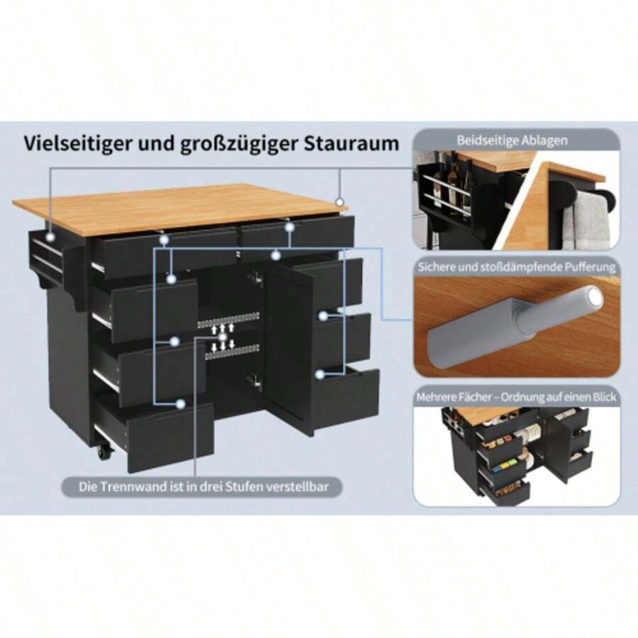 Modern Kitchen Island Table, Kitchen Cabinet, Sliding Kitchen Cart With Casters And Countertop, Serving Cart With Spice Rack And 8 Drawers - Black - View 1