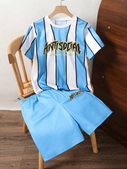 2pcs/Set Tween Boy's Casual Fashion Sporty Striped Letter Print Crew Neck Short Sleeve T-Shirt And Loose Solid Color Shorts, Suitable For Outdoor, Back To School, Commute, Social Gatherings, Spring/Summer