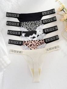5pcs/Pack Comfortable & Skin-Friendly LOVE Diamond Decor Sexy Leopard Print Seamless Thong Panties For Women - Multicolor - View 3
