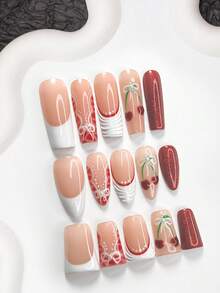 10件套手工美甲套装，法式美甲贴纸，中长杏仁形美甲贴纸，方形美甲贴纸，鸭嘴形美甲贴纸，手绘美甲假指甲，樱桃装饰美甲贴纸，亮红色凝胶美甲贴纸，包含工具包，适合女性和女孩，日常拍照，派对，情人节美甲用品 - 彩色 - 查看 1