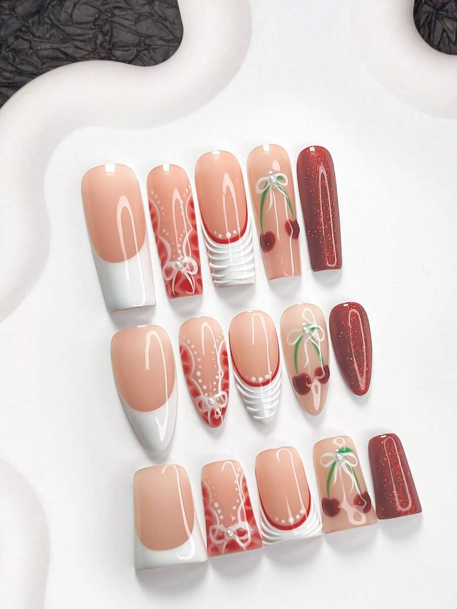 10件套手工美甲套装，法式美甲贴纸，中长杏仁形美甲贴纸，方形美甲贴纸，鸭嘴形美甲贴纸，手绘美甲假指甲，樱桃装饰美甲贴纸，亮红色凝胶美甲贴纸，包含工具包，适合女性和女孩，日常拍照，派对，情人节美甲用品 - 彩色 - 查看 1