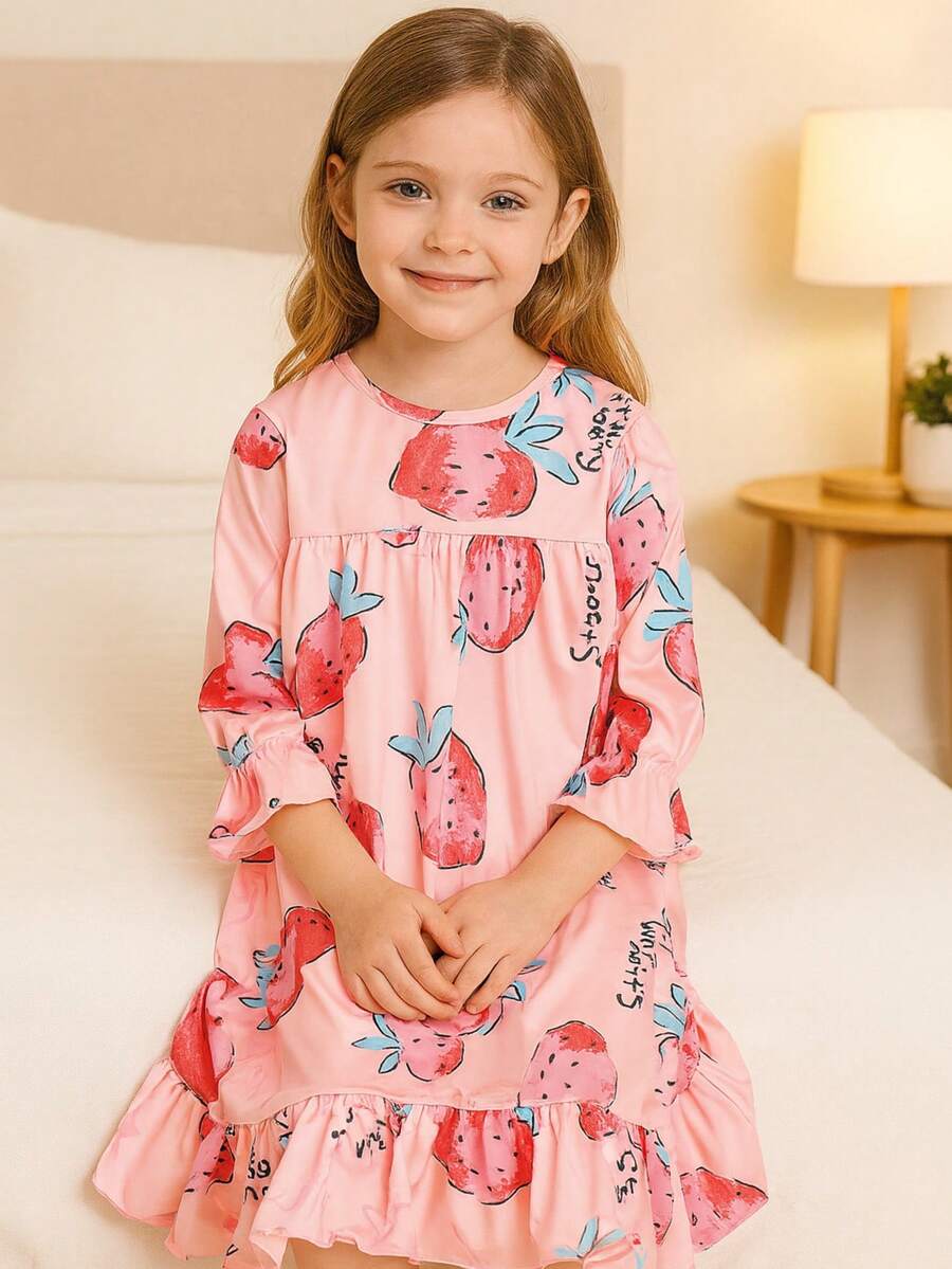 新款女童睡衣，可爱草莓印花儿童睡衣，圆领荷叶边女童服装，家居服 - 粉色 - 查看 1
