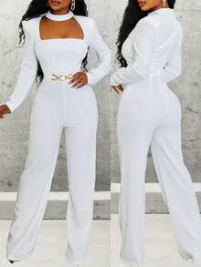Women's Stylish Elegant Long Sleeve Jumpsuit - Square Neckline, Metal Buckle Detail, Perfect For Office, Daily Outings & Formal Occasions - 白色 - 查看 1