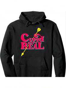Valentine'S Day "Cupid Isn't Real" Hoodie- Casual Black Pullover With Pink& Turquoise Graphics, Long Sleeve, Cotton-Polyester Blend, Machine Washable - BK - Xem 1