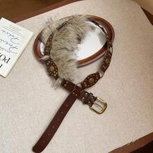 1 Pc 2026 Festive Y2K Retro Edition Women's Boho Western Faux Fur Waist Belt - Adjustable Slimming Versatile Brown PU Leather Accessory, Featured With Vintage Brass Rivets, Exaggerated Fluffy Faux Fur Decoration & Intricate Engraved Metal Emblem, Ideal For Christmas Celebration New Year Gathering Parties Halloween Western Cowboy Outfits Dresses Jeans, Perfect For Y2K Retro Fans Boho Western Aesthetic Lovers Fashion-Forward Women - Black - View 3
