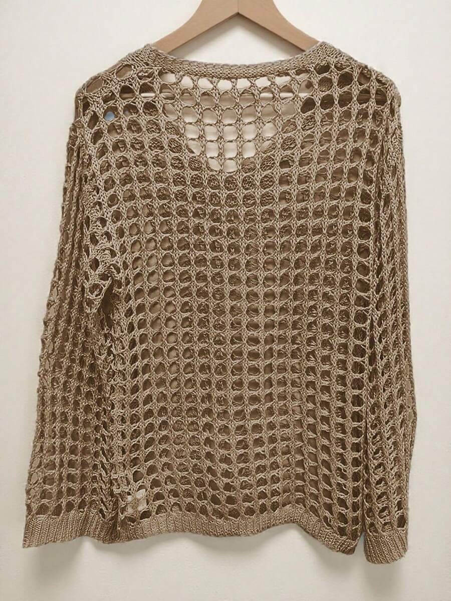 Summer Hollow Out Loose Knit Pullover Sweater - Brown - View 1