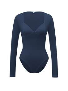 Vaiaye Women's Sexy Y2K Fitted Black Bodysuit, V-Neck Long Sleeve Spring/Summer Romper, Suitable For Valentine's Day - Navy Blue - View 3