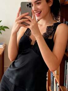 Women Contrast Lace Sexy Sling Sleeveless Tops, Fashion Deep V Neck Elegant Top, Chic Street & Beach Vacation - Black - View 2