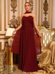 New Women's Wine Red Strapless Sexy Patchwork Pleated Dress Elegant Wedding Bridesmaid Dress Anniversary Christmas Party Dress