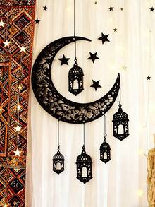 1pc Wooden Hollow Moon & Star Lantern - Hanging Decor, Wooden Ornament, Suitable For Room Decor, Home Decor, Kitchen Decor, Wedding Decor, Dining Table Centerpiece, Office Decor, Garden Decor, Outdoor Decor, Housewarming, Birthday, Graduation, Eid Gift - Black - View 4