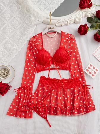 Ropa interior sexy para mujer, romántico lazo con parches en forma de corazón para invierno, suave y cómodo estilo de fiesta, adecuado para cualquier ocasión como el hogar, festivales, fiestas, momentos románticos