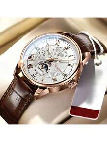 1 件男士 PU 皮革表带经典三眼大表盘高端商务石英表，适合日常和商务佩戴 - 棕色 - 查看 4