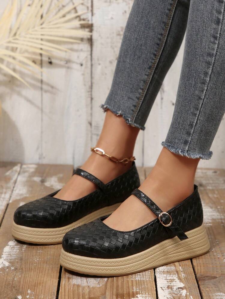 Zapatos de plataforma y cuña de moda versátil de primavera, elegantes con correa, de estilo casual y fácil de poner - Negro - Añade 3