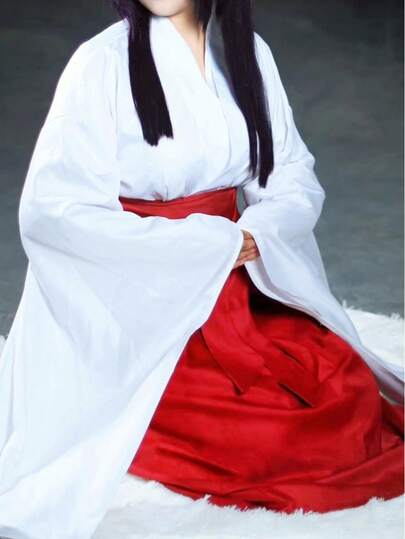 1 Stück Anime Hexen Kostüm Set, weißes langärmliges Top und rote Hose im japanischen Kimono Stil, geeignet für Musikfestivals, Partys, Aufführungen