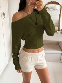 性感露肩针织衫，舒适优雅，适合秋冬春季约会、休闲聚会和旅行穿着。 - 軍綠色 - 查看 2