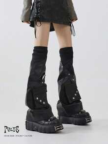 Y2K Subculture Style Black Leather Patchwork Ribbed Sexy Leg Warmers With 3D Pockets, Slimming & Leg Shaping