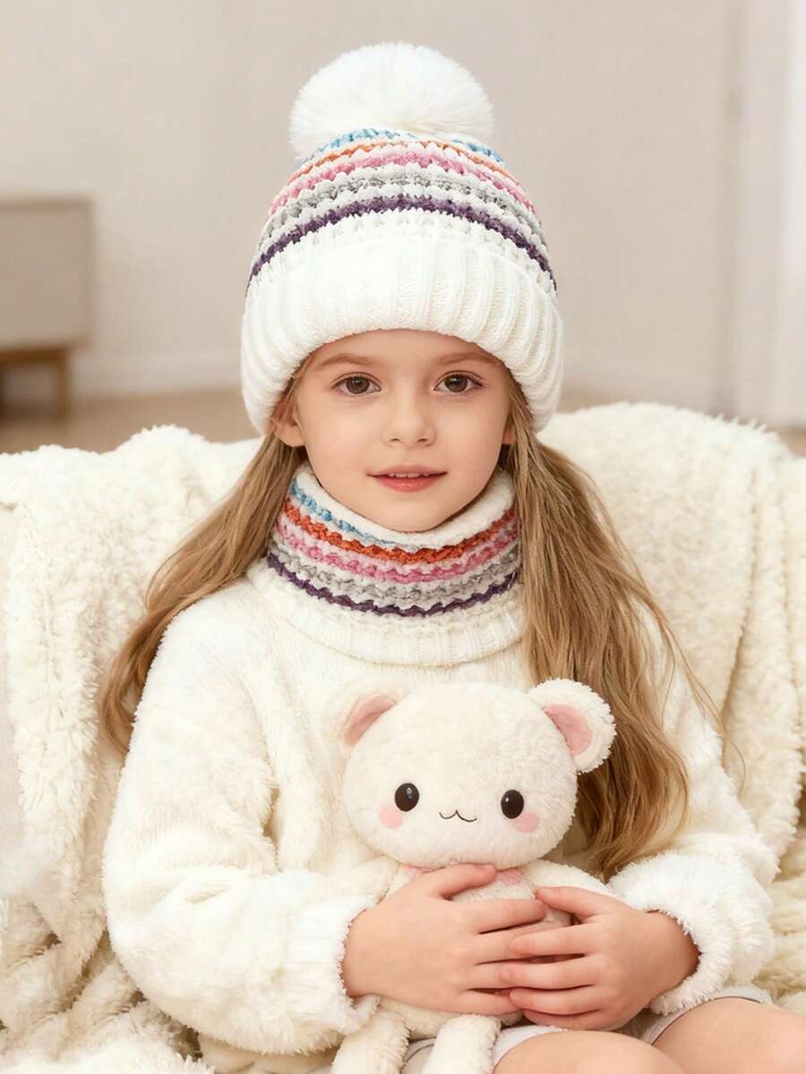 儿童冬季针织帽套装，简约条纹保暖针织帽套装，适合冬季旅行 - 條紋套裝 - 查看 1