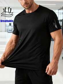 Men's Quick-Dry Printed Breathable T-Shirt - Moisture-Wicking, Comfortable Fit, Suitable For Running, Fitness, Casual, Travel And Other Sports/Outdoor Activities - Black - View 1